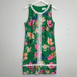 Eliza J Floral Sleeveless Shift Dress Size 10 Green Pink Lined Tropical Print